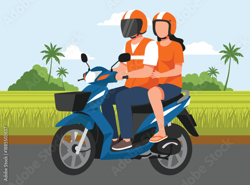 Thai motorcycle taxi, known as Win Motorsai, carrying a passenger. Both wear iconic orange safety vests and helmets while riding a blue scooter through a rural landscape.