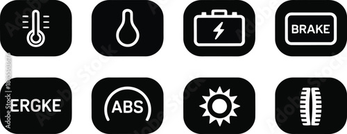 Various car dashboard warning light icons presented as white symbols on black rounded rectangles