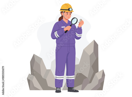 professional female geologist in a purple jumpsuit and yellow hard hat examines a rare earth mineral through a magnifying glass