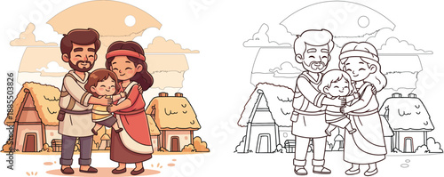 Happy Cartoon Family Hugging in a Traditional Village Cultural Illustration for Kids and Family Themes