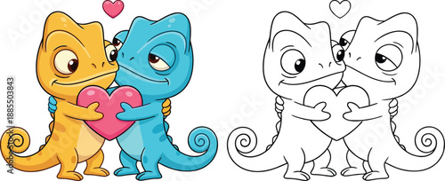 Cute Cartoon Chameleons in Love with Heart Adorable Valentines Day Illustration