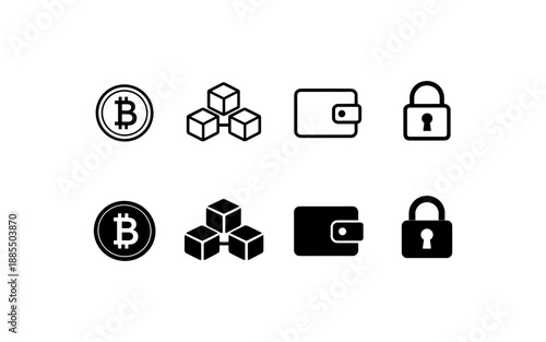 Collection of cryptocurrency and blockchain icons including Bitcoin, blocks, wallet, and lock