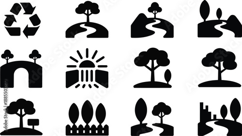 Vibrant sun rising over a tranquil curving river or path illuminating the horizon