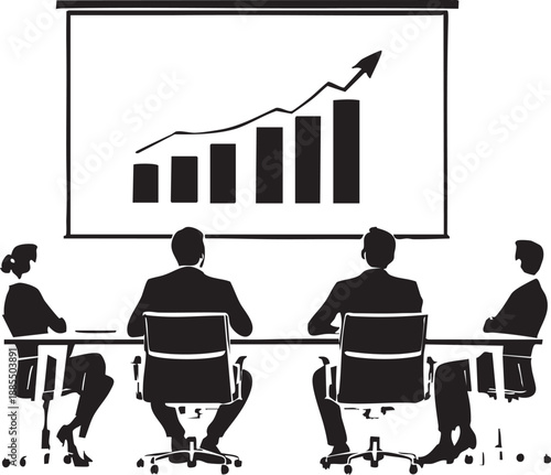 Business meeting with team at conference table viewing growth bar chart presentation vector illustration