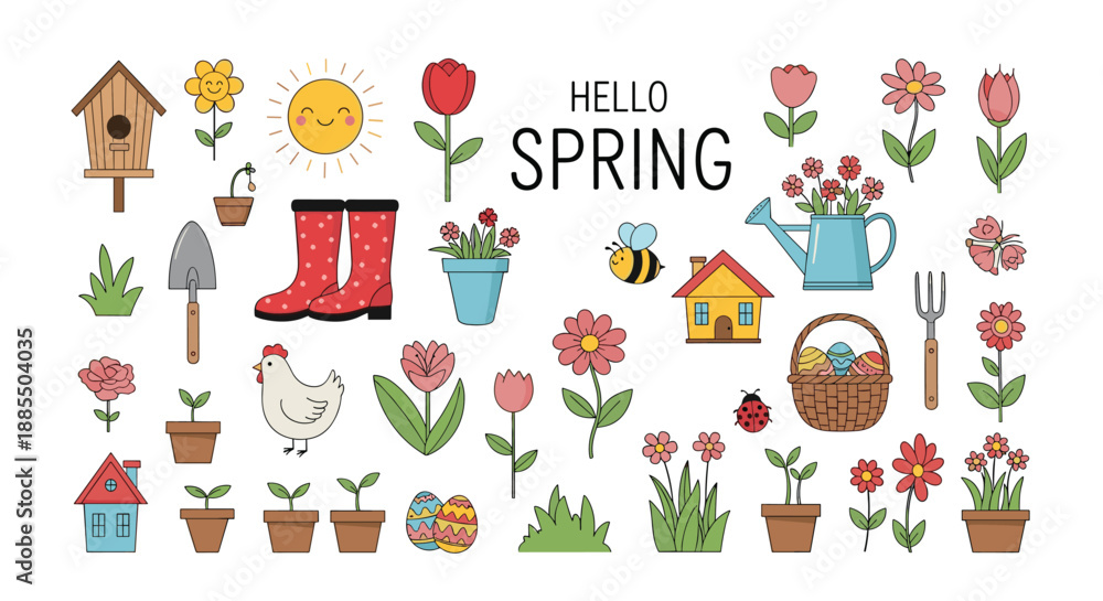 Fototapeta premium Large collection of cute and colorful spring-themed doodle icons including flowers gardening tools and animals for seasonal designs.
