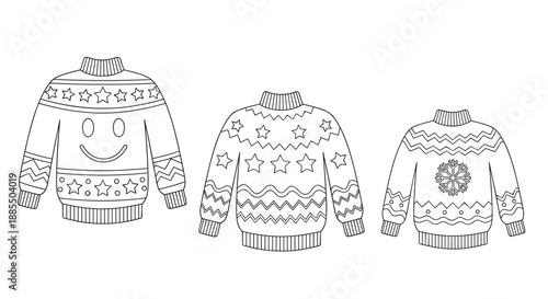 Collection of three cozy christmas sweaters with festive patterns in a black and white line art style for coloring pages.
