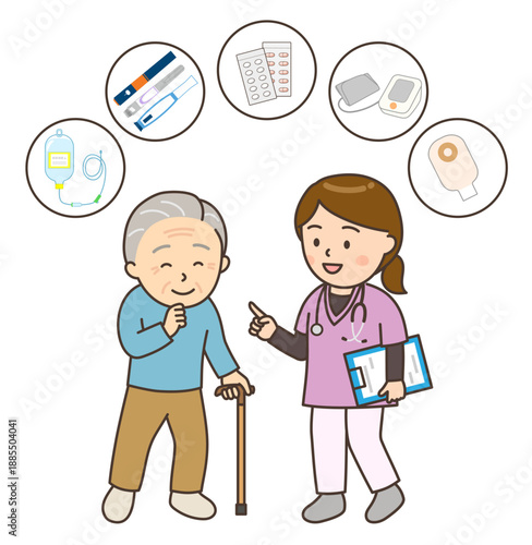 訪問看護サービスの説明をする女性看護師とおじいさん