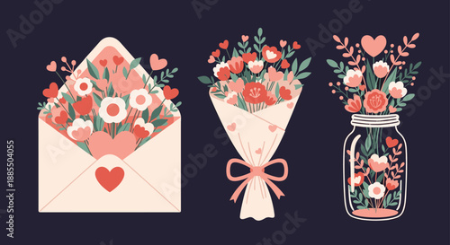 Wallpaper Mural A beautiful collection of valentine's day floral arrangements including an envelope a bouquet and a jar full of flowers. Torontodigital.ca