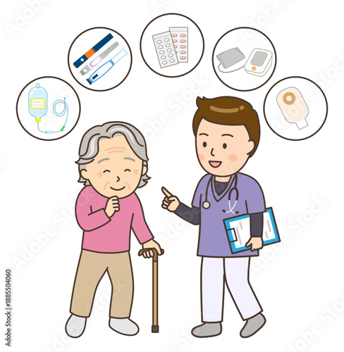 訪問看護サービスの説明をする男性看護師とおばあさん