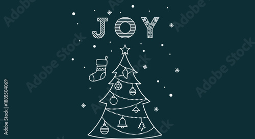 A chalk-style christmas greeting card design with the word joy a decorated tree and a stocking on a dark green background.