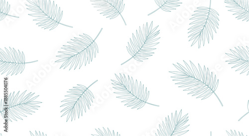 Minimalist seamless pattern with scattered tropical palm leaf outlines in a light blue color on a clean white background.