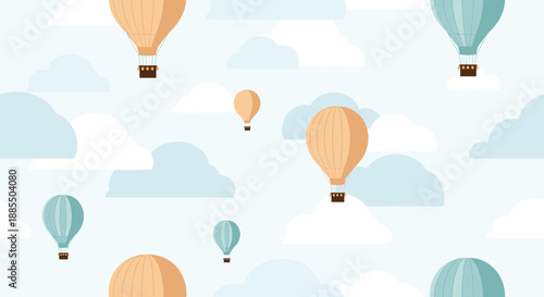 A calming seamless pattern of hot air balloons floating among soft clouds in a pastel blue sky creating a dreamy background.