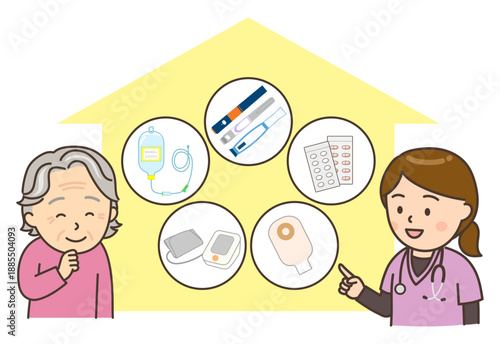 自宅でできる看護サービスの説明をする女性看護師とおばあさん