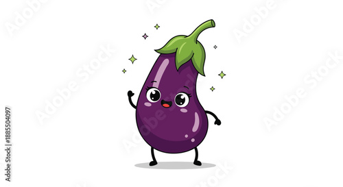 A cute and happy cartoon eggplant character waving and sparkling in a cheerful kawaii style isolated on a white background.