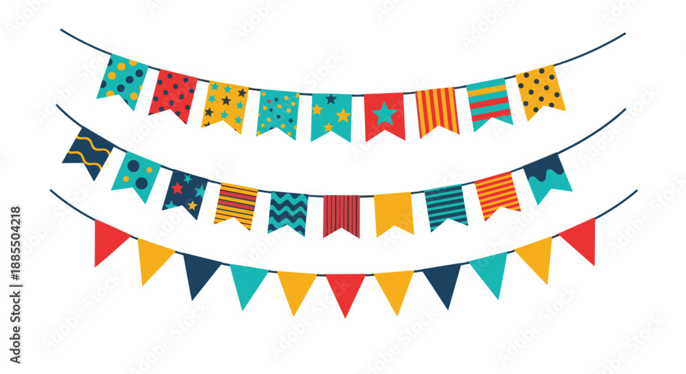 Obraz premium Collection of three festive and colorful bunting flag garlands with various patterns for party and celebration decorations.