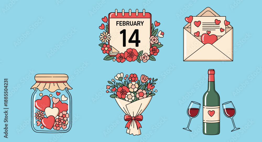 Fototapeta premium Romantic collection of Valentine's Day icons featuring a calendar love letter flower bouquet and wine on a blue background.