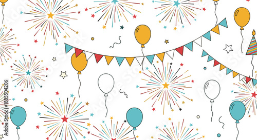 Wallpaper Mural Festive seamless pattern background with colorful hand-drawn fireworks balloons and bunting flags perfect for birthday celebrations. Torontodigital.ca