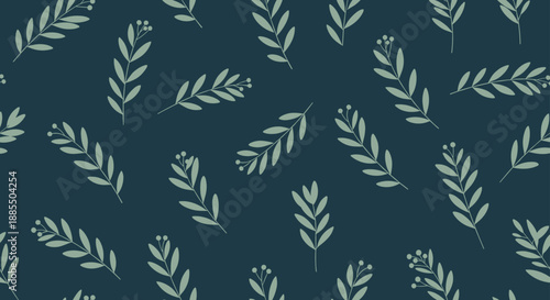 Elegant seamless pattern of stylized sage green branches and leaves scattered across a dark teal background for a modern feel.