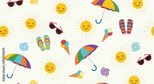 Wallpaper Mural Fun and colorful seamless summer pattern with cartoon suns sunglasses ice cream and beach umbrellas on a light background. Torontodigital.ca