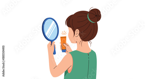 Illustration of a woman seen from behind looking at a tube of sunscreen in a hand mirror to check for sun protection.