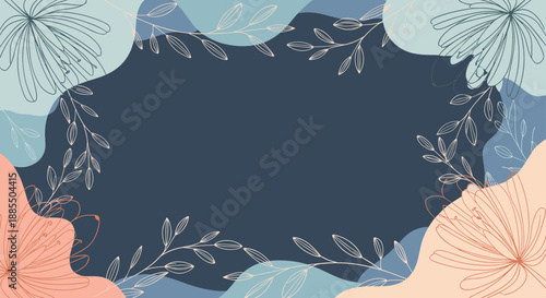 Abstract floral background with a dark blue center framed by organic shapes and delicate white line art flowers and leaves.