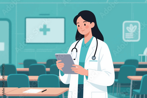 Illustration Of A Female Doctor Carrying A Tablet With A Stethoscope Around Her Neck Vector Design Template