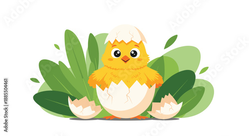 Adorable cartoon baby chick hatching from a cracked egg shell surrounded by lush green leaves on a white background.