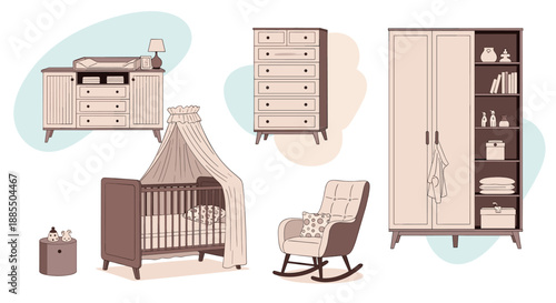 Elegant set of vintage-style nursery furniture including a crib changing table wardrobe dresser and a comfortable rocking chair.