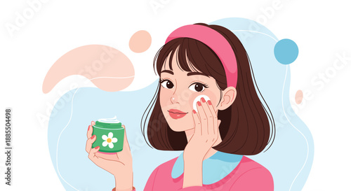 Beautiful young woman with a pink headband applying moisturizing face cream as part of her daily beauty and skincare routine.