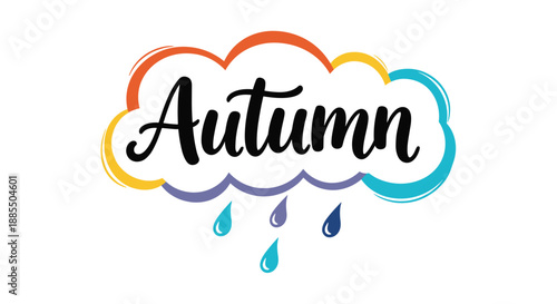 Colorful autumn lettering logo with the word inside a cloud design with raindrops falling below on a white background.