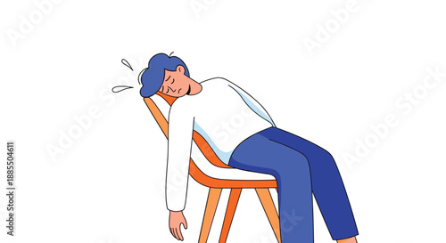 Exhausted young man with blue hair slumped over in a chair feeling tired and overworked on a plain white background.