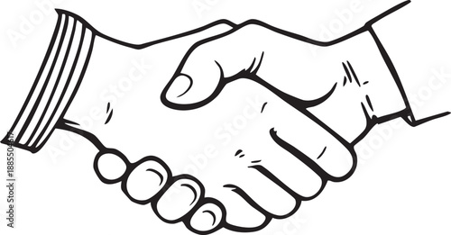 Handshake line art with formal cuffs symbolizing agreement and partnership in black and white vector illustration