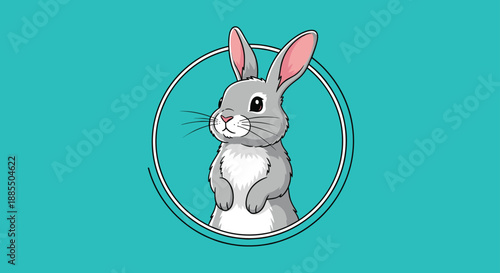 Adorable grey cartoon rabbit with pink ears looking sideways inside a circular frame on a solid teal green background.