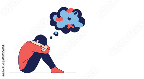 Depressed person sitting curled up on the floor with a chaotic thought bubble representing mental health struggles.