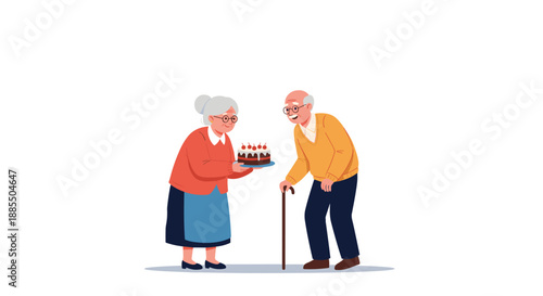 An elderly woman gives a birthday cake with lit candles to a smiling elderly man with a cane celebrating a special occasion.