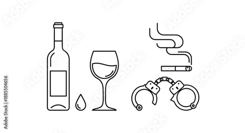 Minimalist line art icons representing bad habits like alcohol smoking and crime with a bottle glass cigarette and handcuffs.