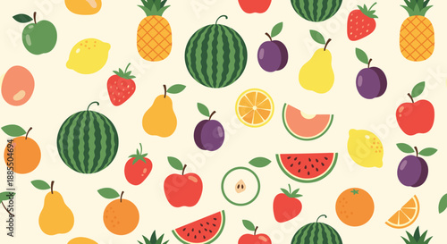 Colorful seamless pattern background with a variety of fresh cartoon fruits including watermelon apple and pineapple.