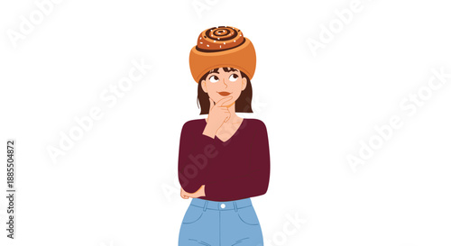Whimsical illustration of a pensive woman with a giant cinnamon roll on her head representing food thoughts or cravings.