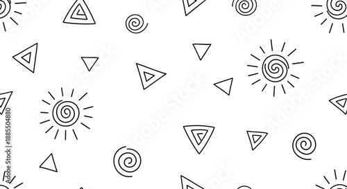 Seamless black and white pattern of abstract hand-drawn geometric shapes including suns spirals and triangles for backgrounds.