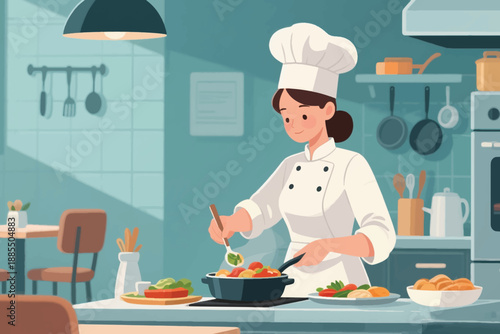 Illustration Of A Beautiful Female Chef Serving Delicious Food Vector Design Template