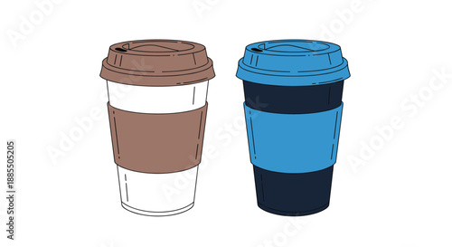 Two disposable paper coffee cups with lids one in a simple outline and the other colored blue and brown for cafe designs.