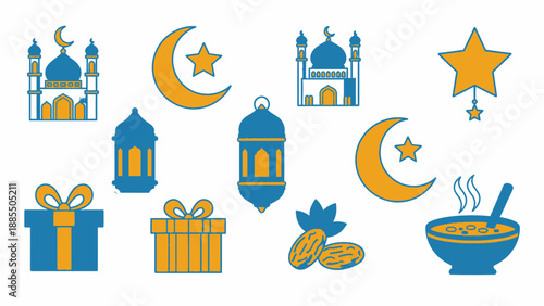 Eid Mubarak icons set with mosque, lantern, gift, food, dates