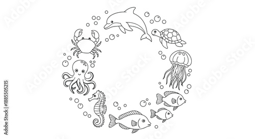 A circular frame of hand-drawn sea animal doodles including a dolphin crab and turtle perfect for coloring pages.
