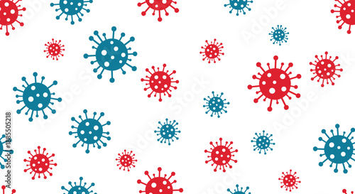 Seamless pattern background of red and blue virus or bacteria cells symbolizing a pandemic or medical theme on white.