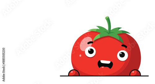 A cute and surprised cartoon tomato character with big eyes peeking over an edge on a simple white background.