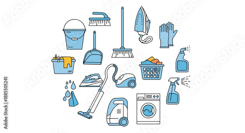 A set of cleaning service icons arranged in a circle including a vacuum cleaner mop and detergents on a white background.