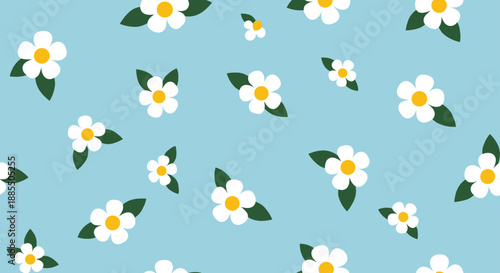 A simple and sweet seamless pattern of scattered white daisy flowers with green leaves on a pleasant light blue background.