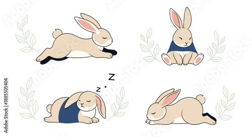 A cute collection of four cartoon rabbits in different poses including running sitting sleeping and resting on white.
