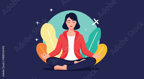 A calm woman sitting in the lotus yoga pose and meditating peacefully with an abstract nature background for mindfulness.