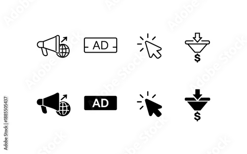 Digital marketing icons representing advertising, clicks, and sales funnel conversion